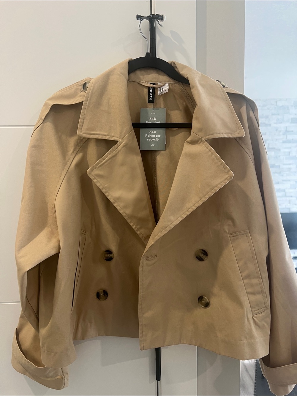 H&M Cropped Double-Breasted Light Trench Coat - Tan/Beige